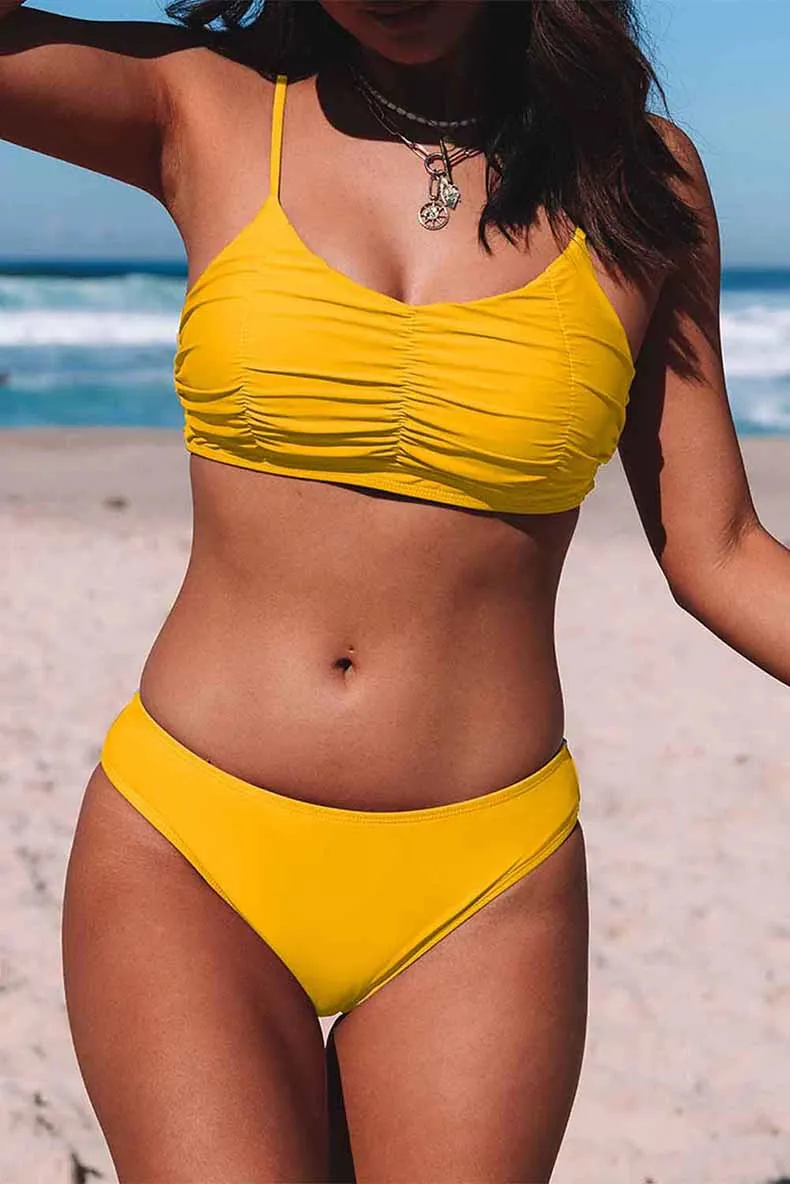 New Arrival Pure Color Separates Swimsuit Female Fashion Seaside with Chest Pad Wireless Cup Bikini Two-Piece Set