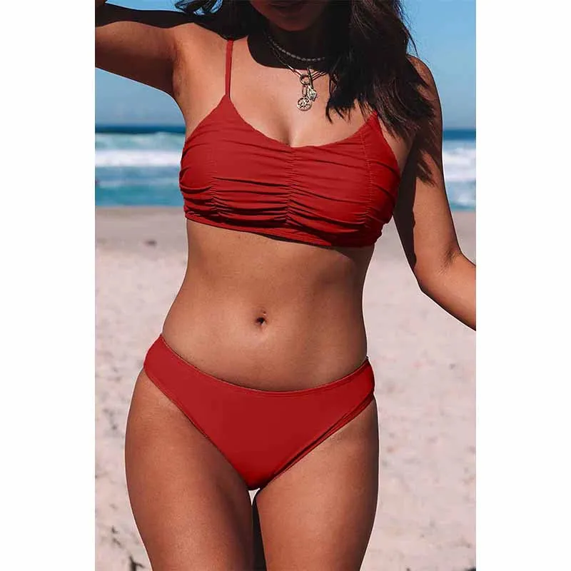 New Arrival Pure Color Separates Swimsuit Female Fashion Seaside with Chest Pad Wireless Cup Bikini Two-Piece Set