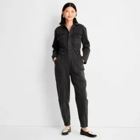 New - Universal Thread Women's Long Sleeve Denim Jumpsuit Wide-Leg Overalls