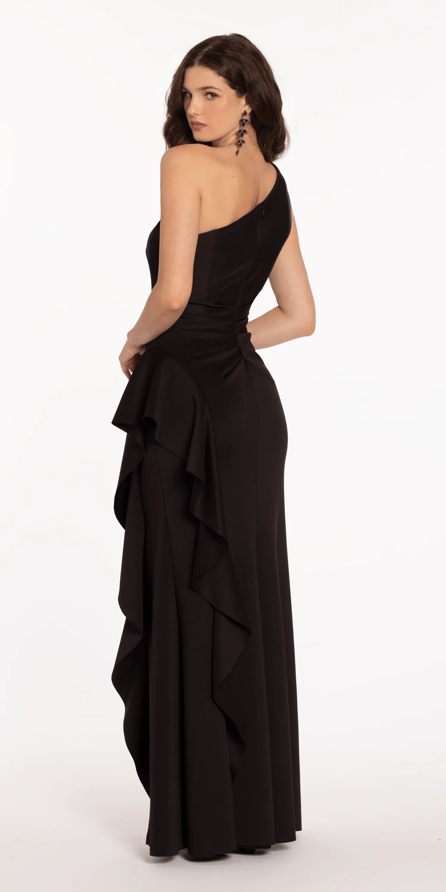 One Shoulder Scuba Trumpet Dress with Side Cascade