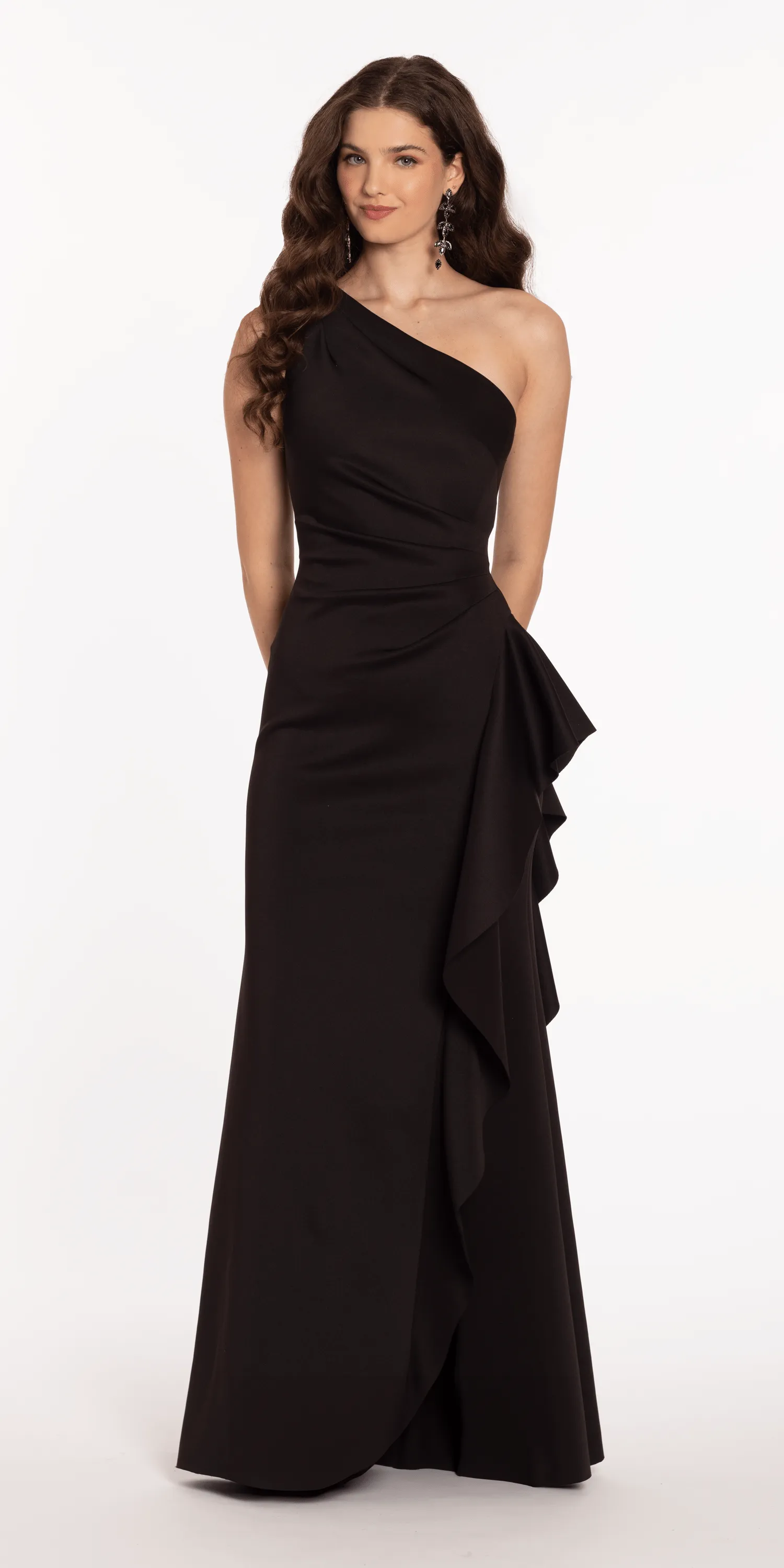 One Shoulder Scuba Trumpet Dress with Side Cascade