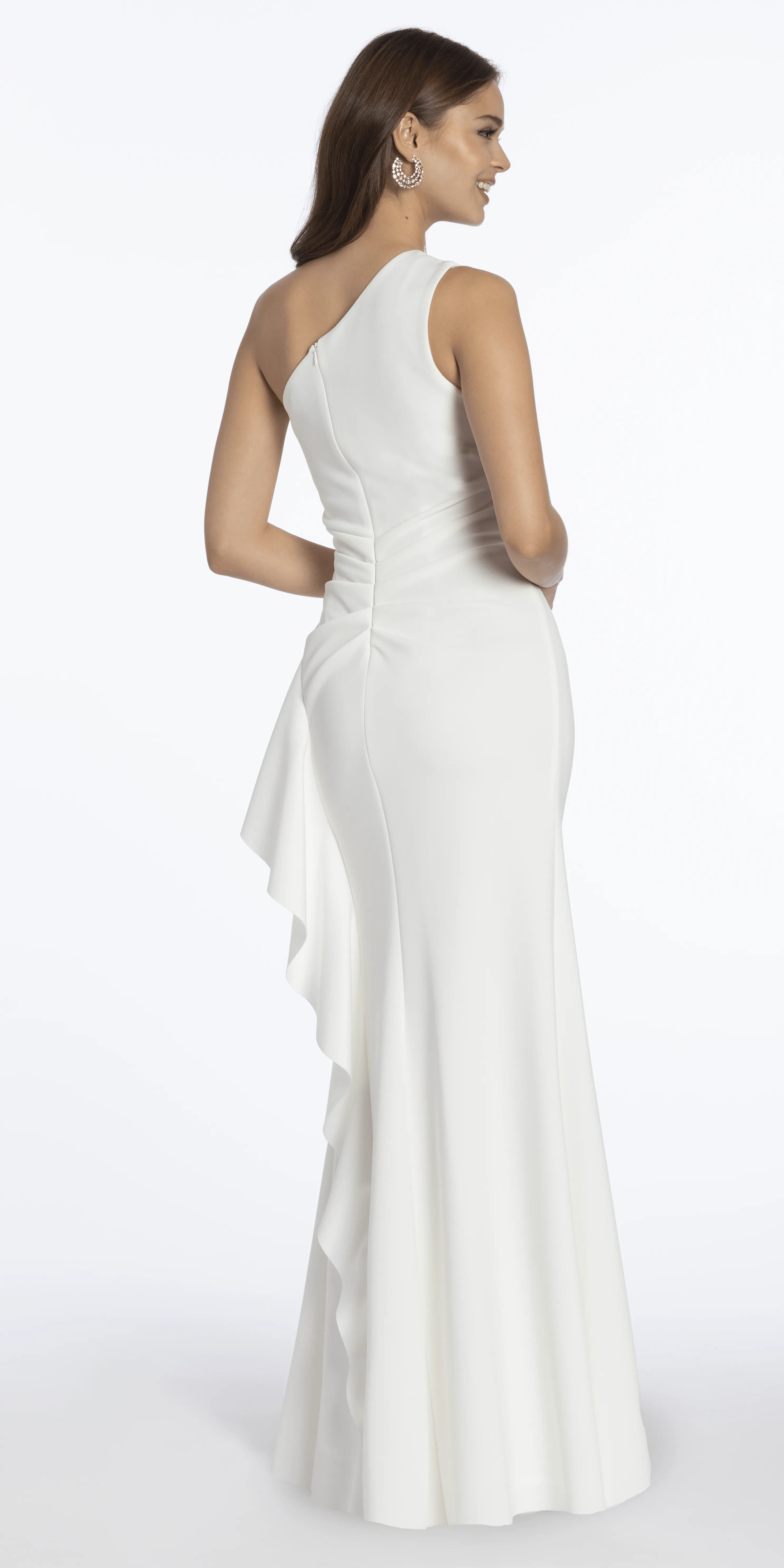 One Shoulder Scuba Trumpet Dress with Side Cascade