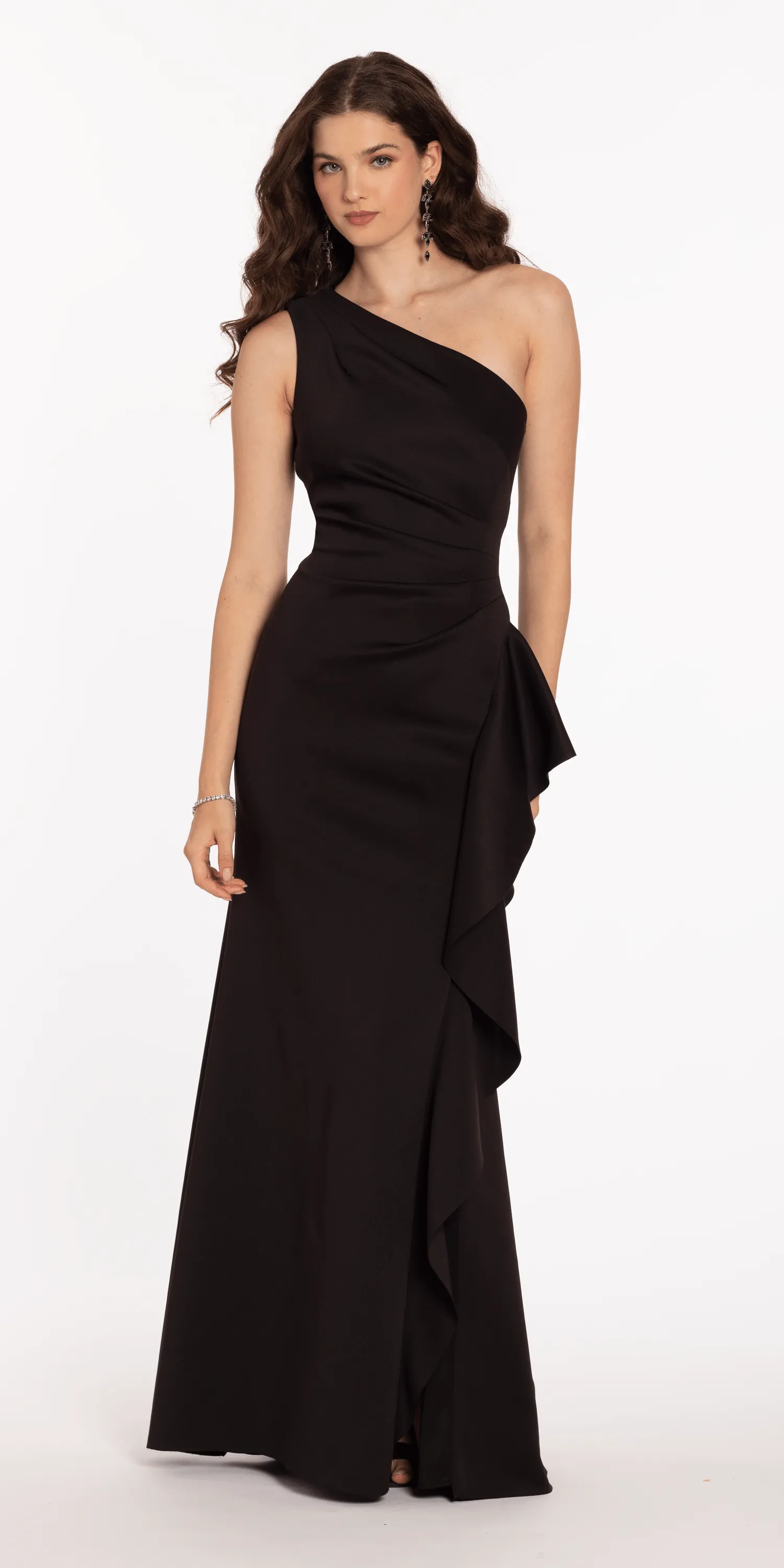 One Shoulder Scuba Trumpet Dress with Side Cascade