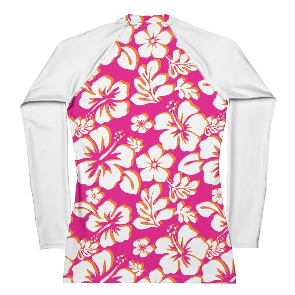 Orange, Hot Pink and White Hawaiian Print Women's Rash Guard with White Sleeves