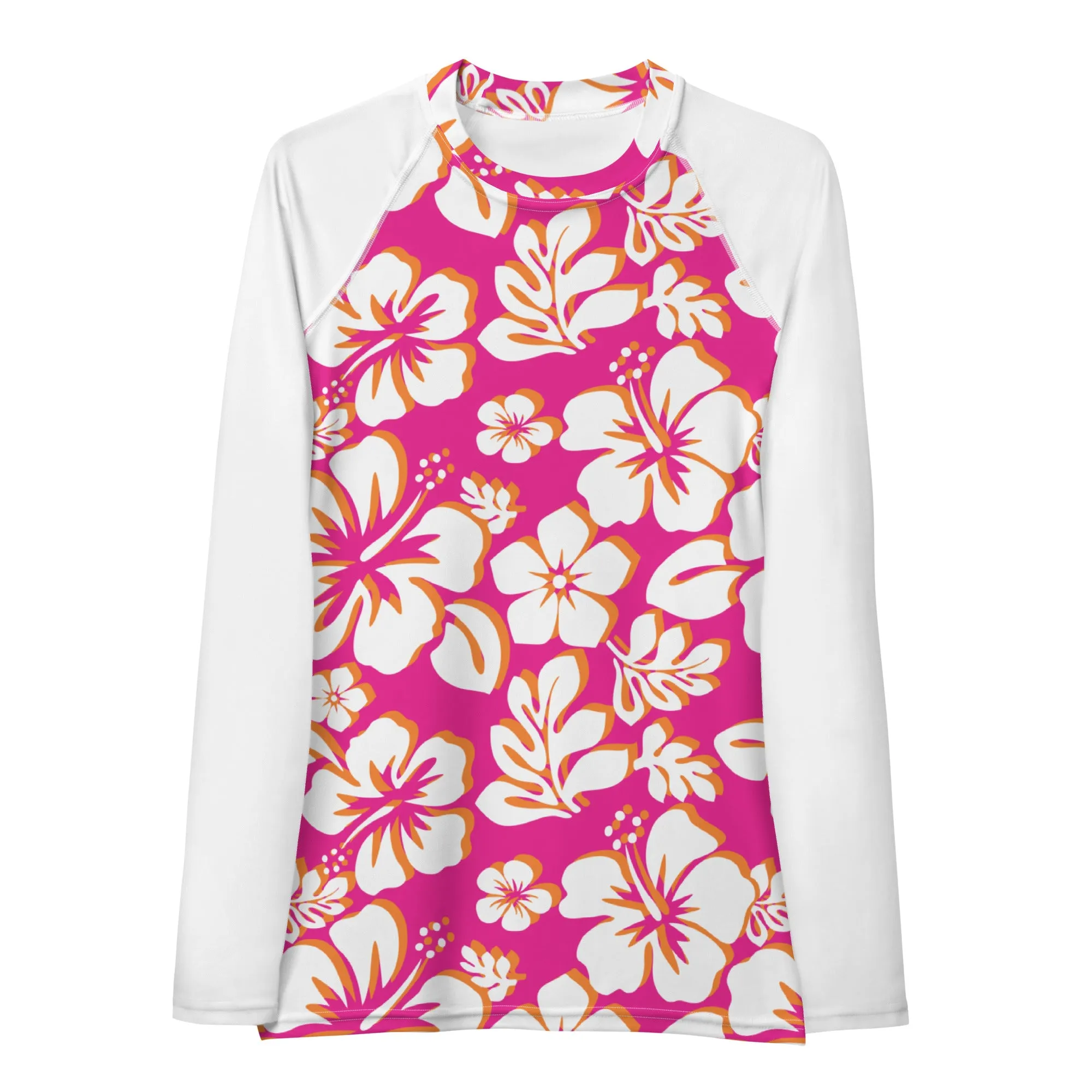 Orange, Hot Pink and White Hawaiian Print Women's Rash Guard with White Sleeves