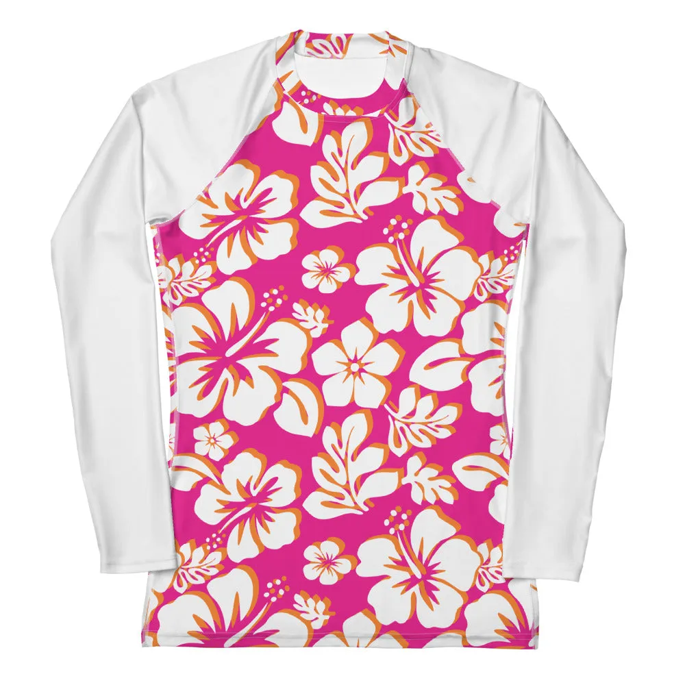 Orange, Hot Pink and White Hawaiian Print Women's Rash Guard with White Sleeves