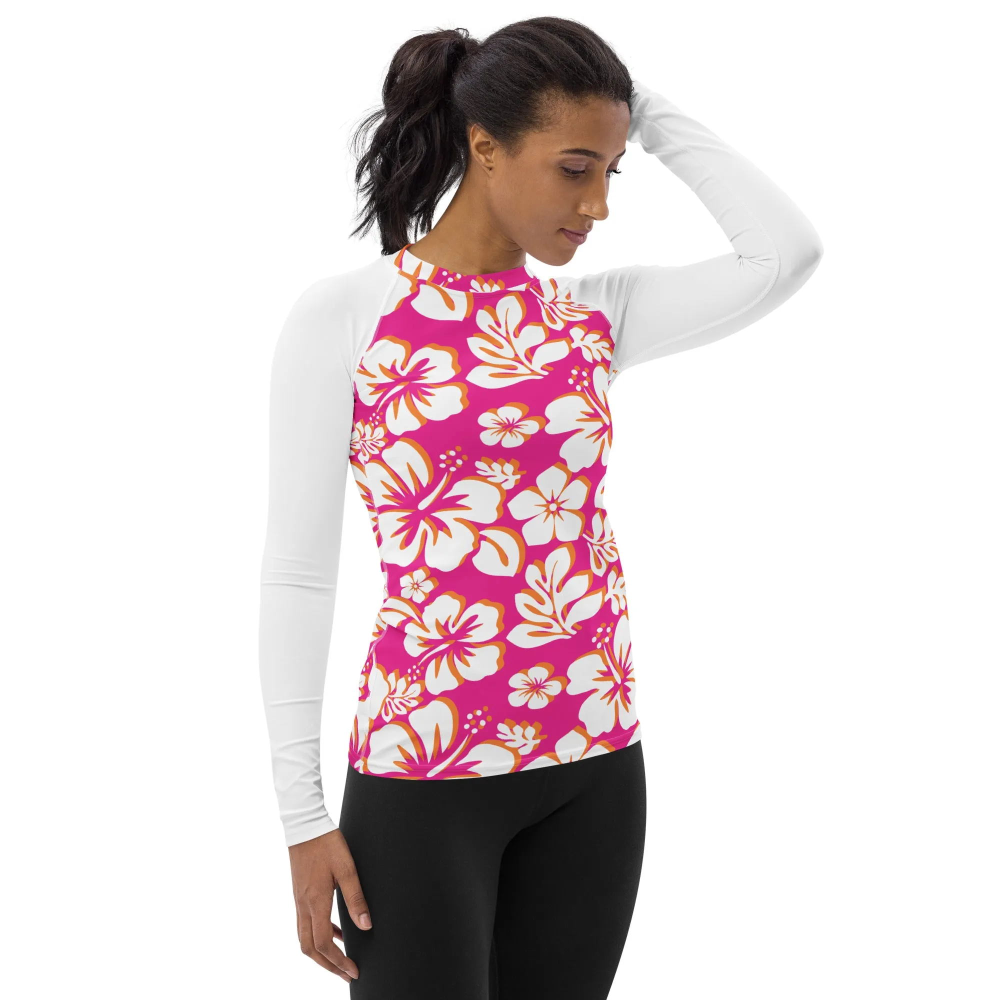 Orange, Hot Pink and White Hawaiian Print Women's Rash Guard with White Sleeves