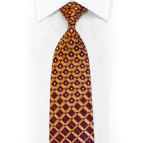 Orange Striped On Burgundy Rhinestone Silk Necktie With Gold Sparkles