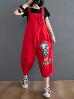 Original Cartoon Printed Puff Denim Overalls