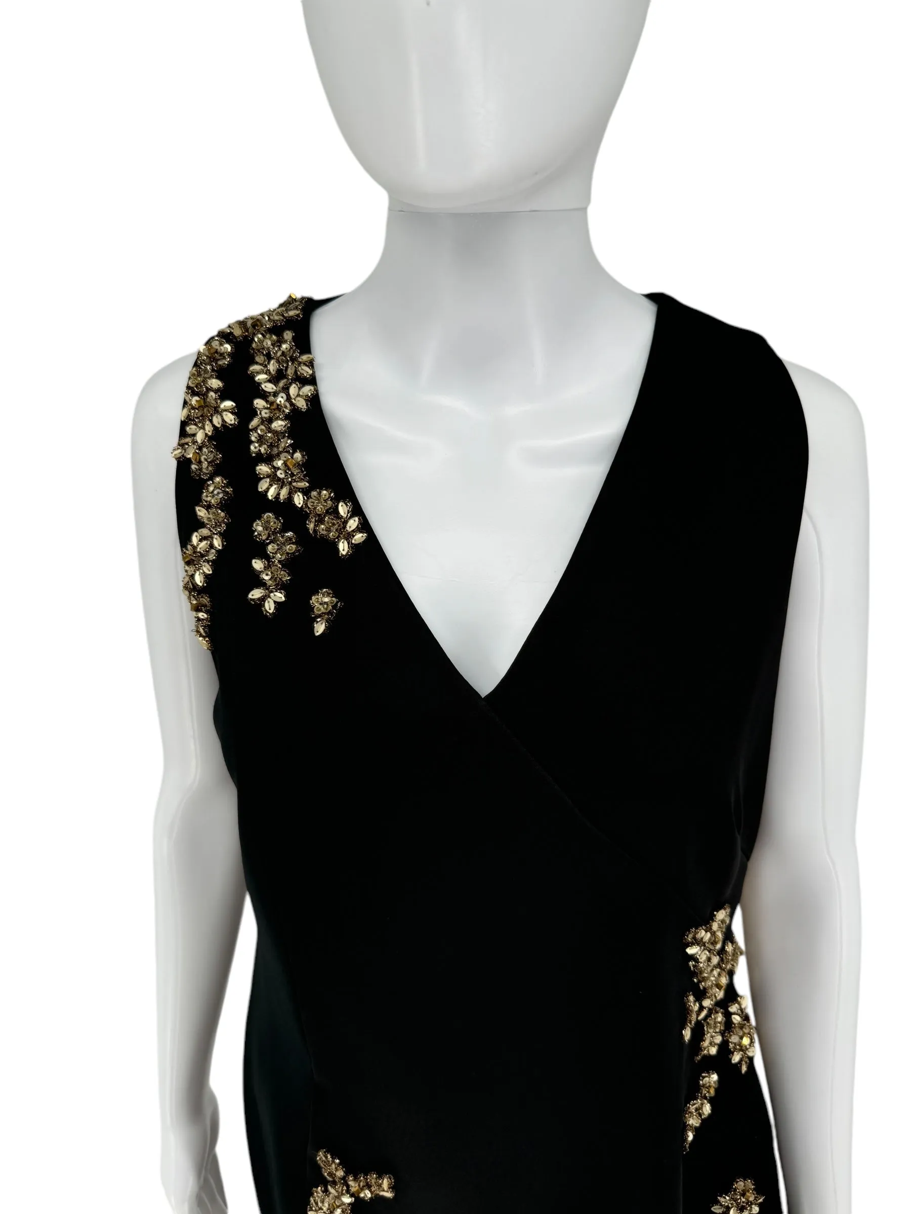 Pamella Roland Black beaded V-neck sleeveless A-Symmetrical Peplum/Fitted Knee Length Dress – Size 10