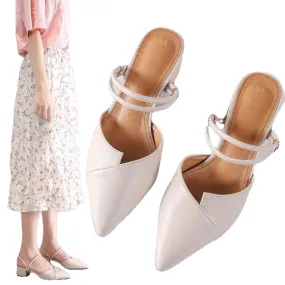 Party Chic Women Mules Slipper Pointed Toe Block Strap Closed Shallow High Heels Shoes Sandals Pumps