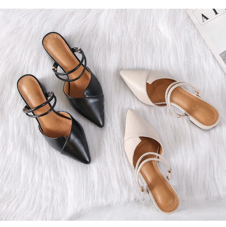 Party Chic Women Mules Slipper Pointed Toe Block Strap Closed Shallow High Heels Shoes Sandals Pumps