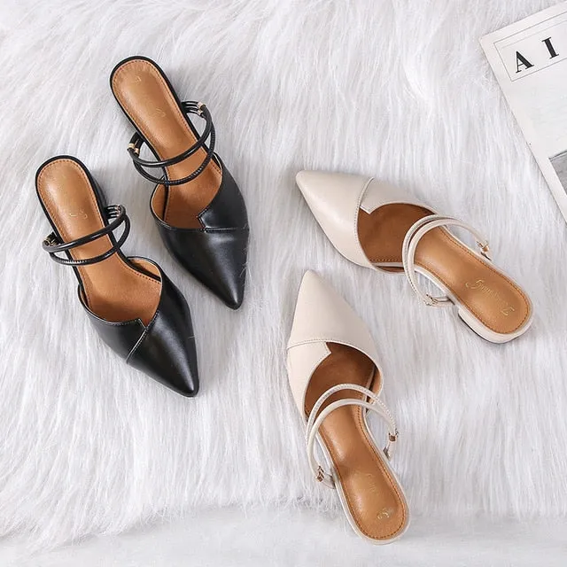 Party Chic Women Mules Slipper Pointed Toe Block Strap Closed Shallow High Heels Shoes Sandals Pumps