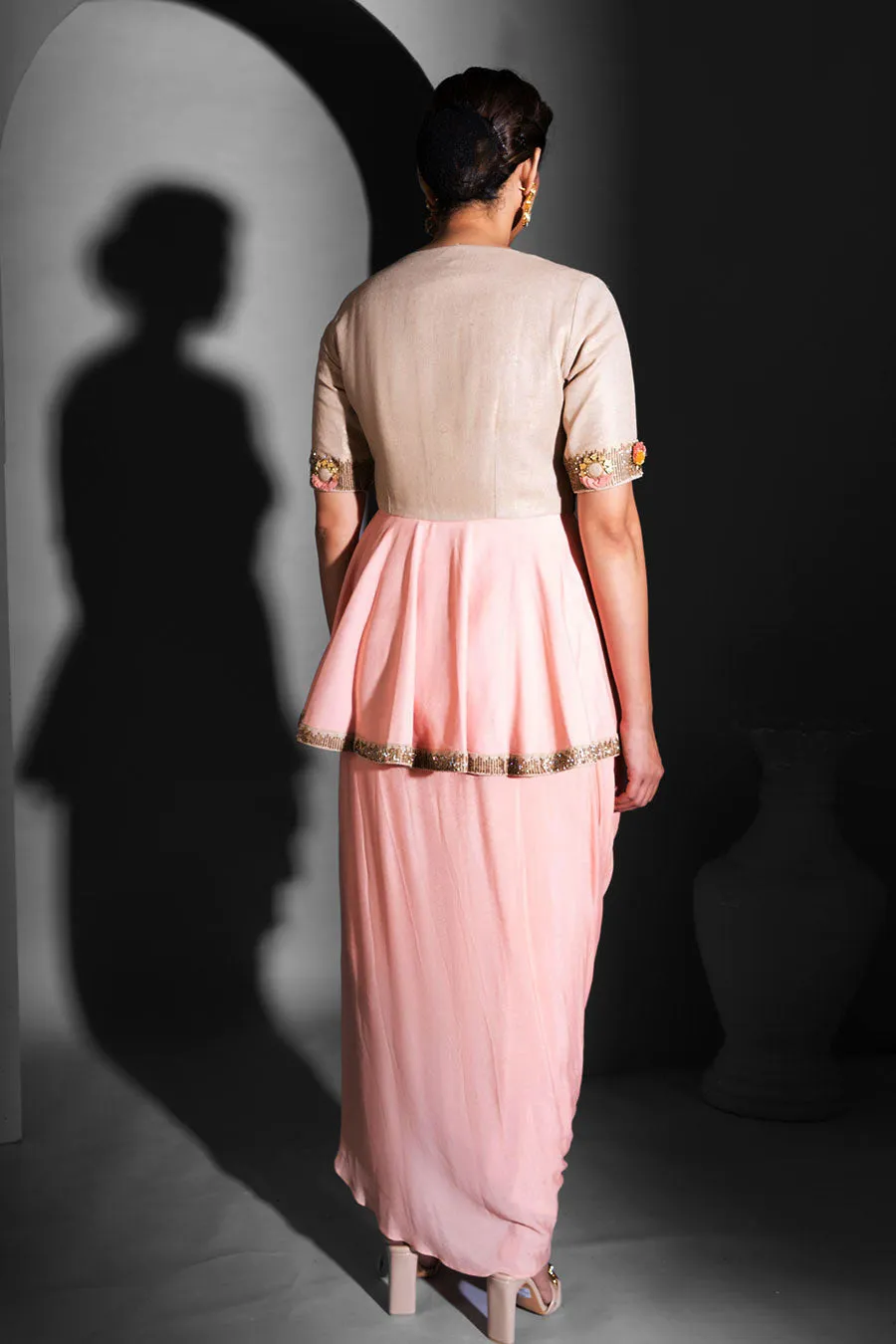 Peach Embellished Peplum Drape Dress