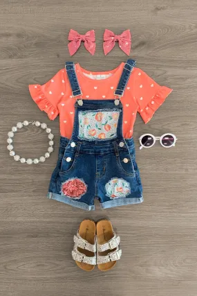 Peach Polka Dot Heart Denim Overall Set