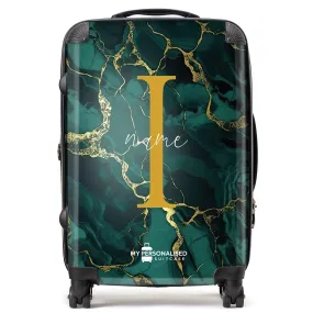 Personalised Green and Gold Cracked Marble Suitcase