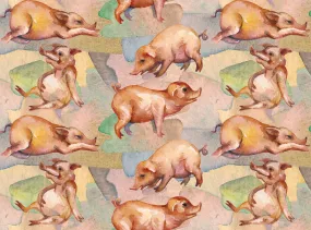 Pig Fabric, Watercolored pigs in all kinds of poses, Cotton or Fleece 1810