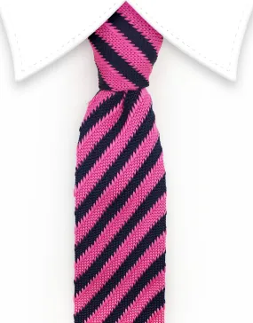 Pink and Dark Navy Striped Knitted Skinny Tie