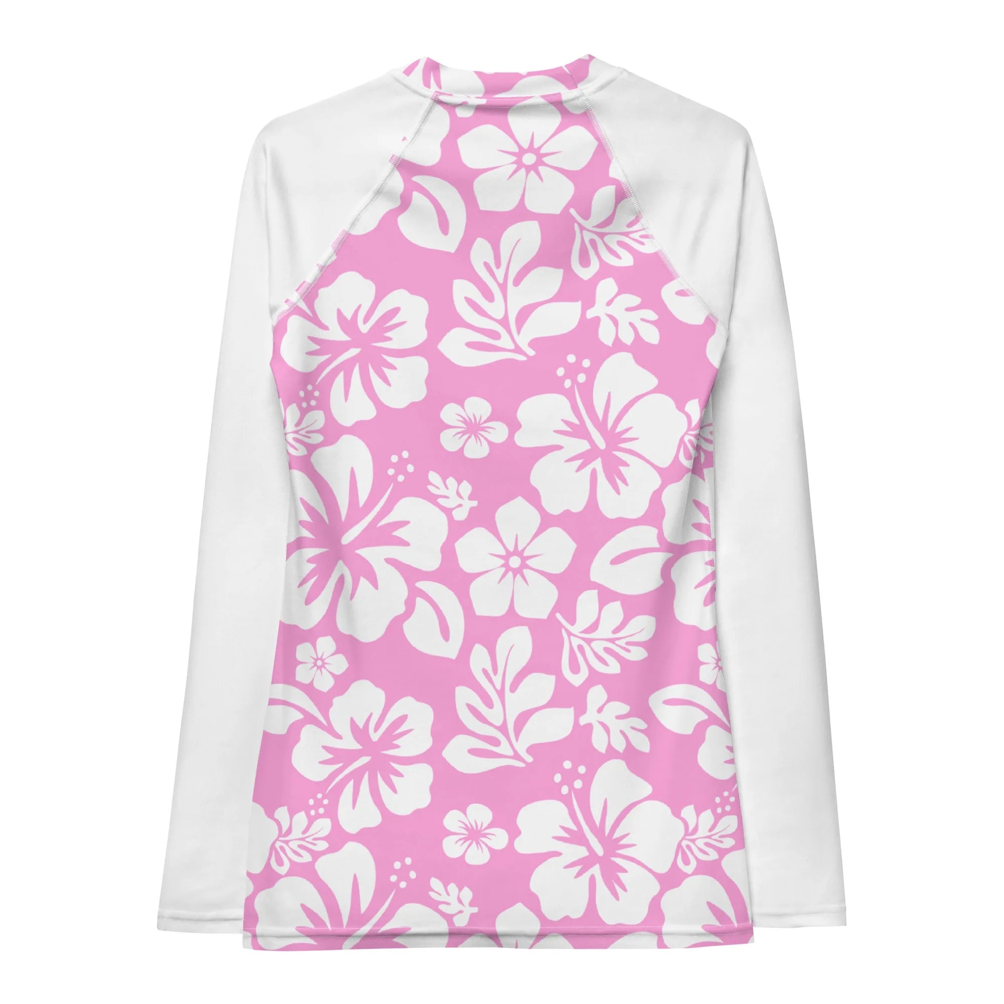 Pink and White Hawaiian Print Women's Rash Guard with White Sleeves