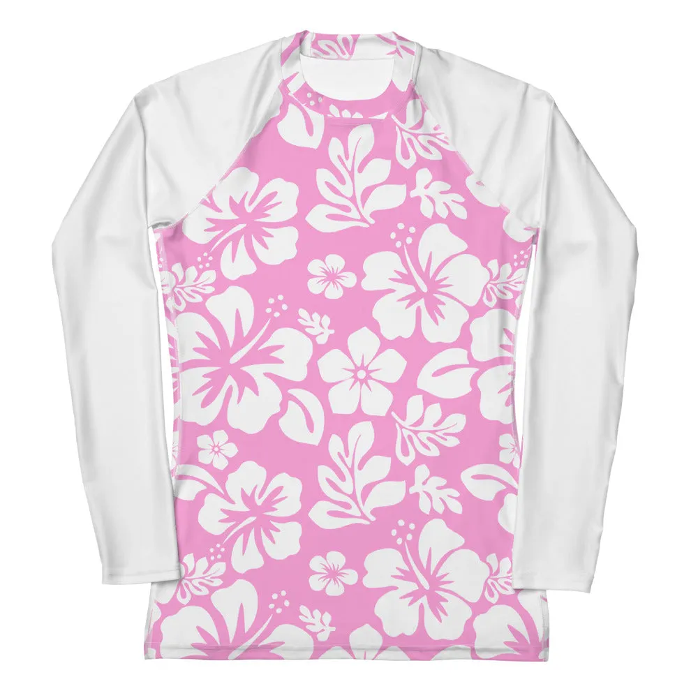 Pink and White Hawaiian Print Women's Rash Guard with White Sleeves