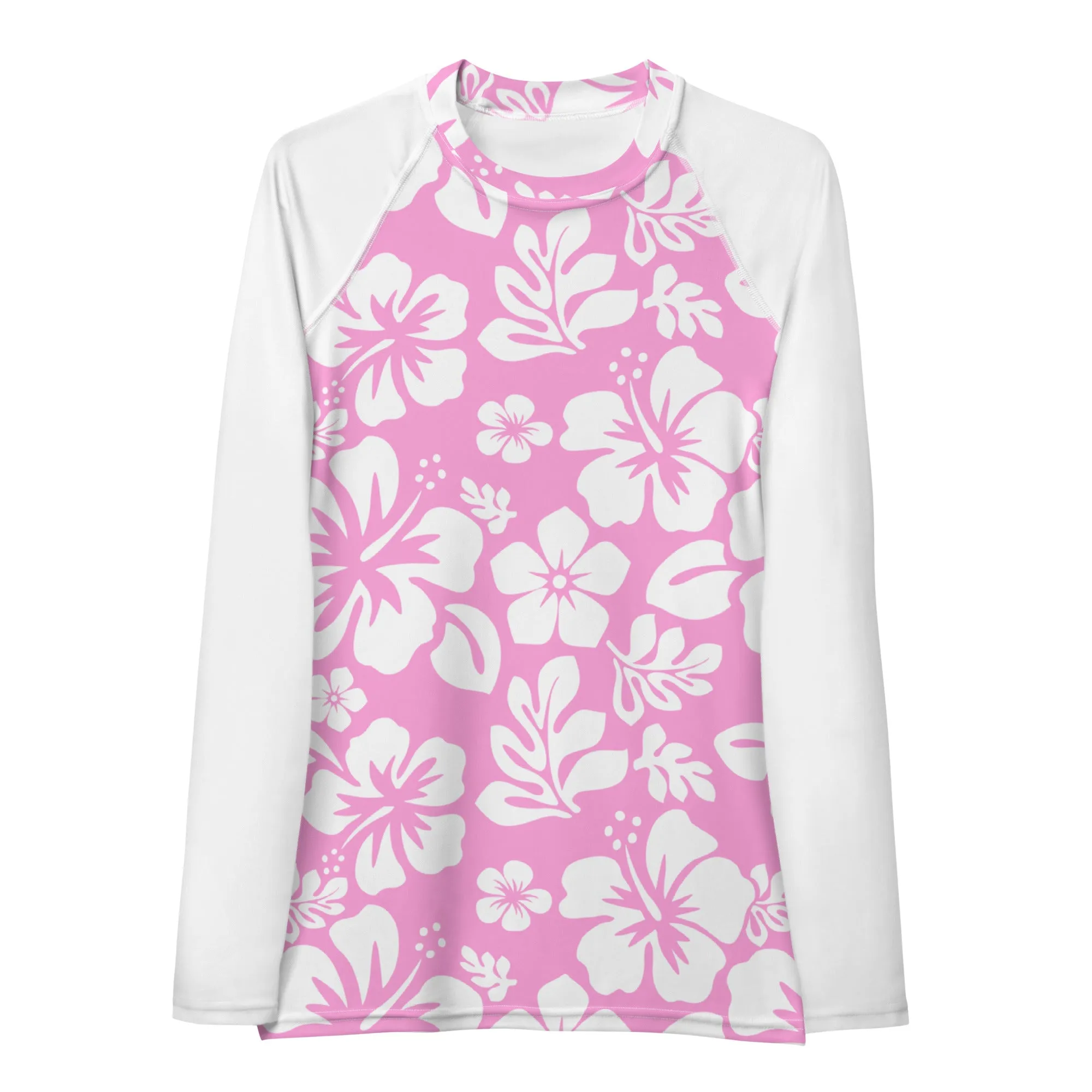 Pink and White Hawaiian Print Women's Rash Guard with White Sleeves