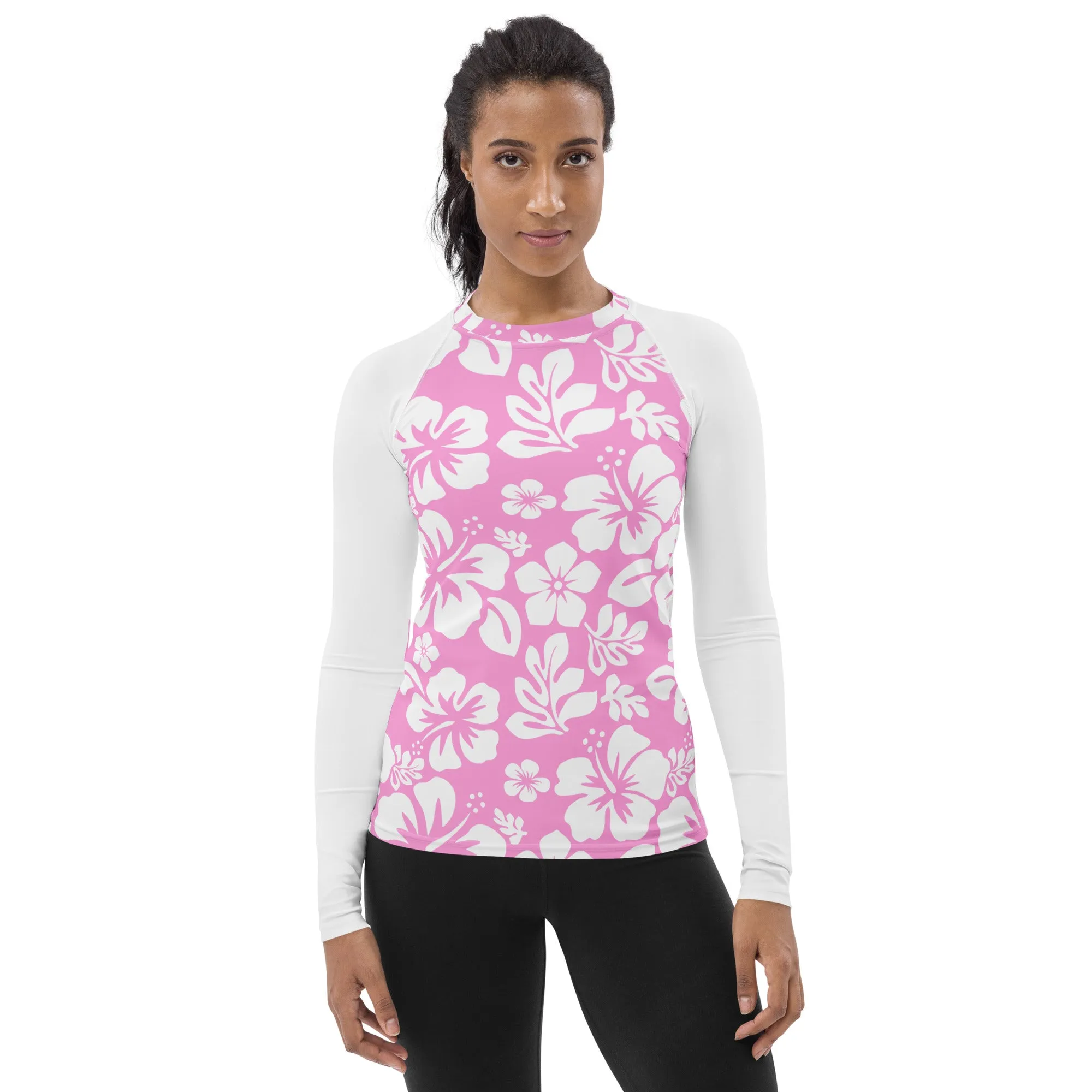 Pink and White Hawaiian Print Women's Rash Guard with White Sleeves