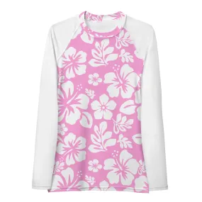 Pink and White Hawaiian Print Women's Rash Guard with White Sleeves