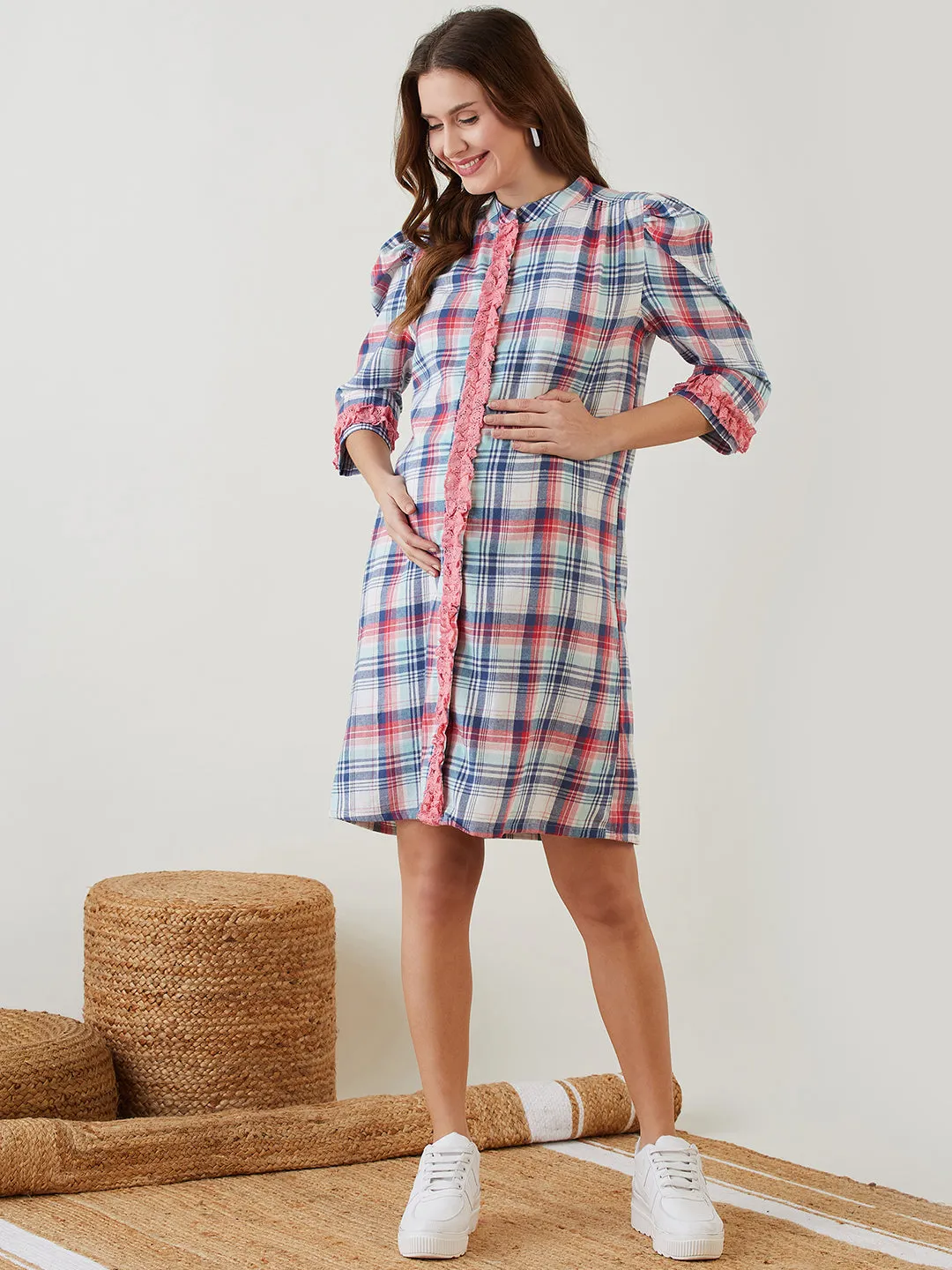 Pink Checked Ruffled Nursing Dress