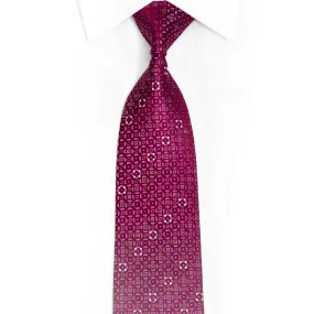 Pink Geometric On Burgundy Rhinestone Silk Necktie With Silver Sparkles