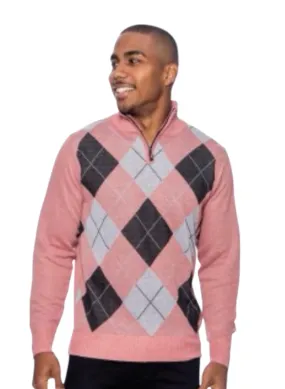 Pink Men's Crewneck Sweater Argyle Pattern Quarter Zip Up Long Sleeve Knit Pullover-99