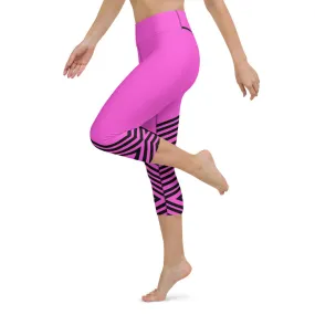 Pink Striped Yoga Capri Leggings, Modern Sporty Women's Capri Tights-Made in USA/EU