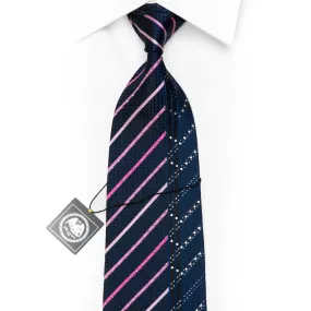 Pink Stripes Blue Geometric On Navy Rhinestone Silk Necktie With Silver Sparkles