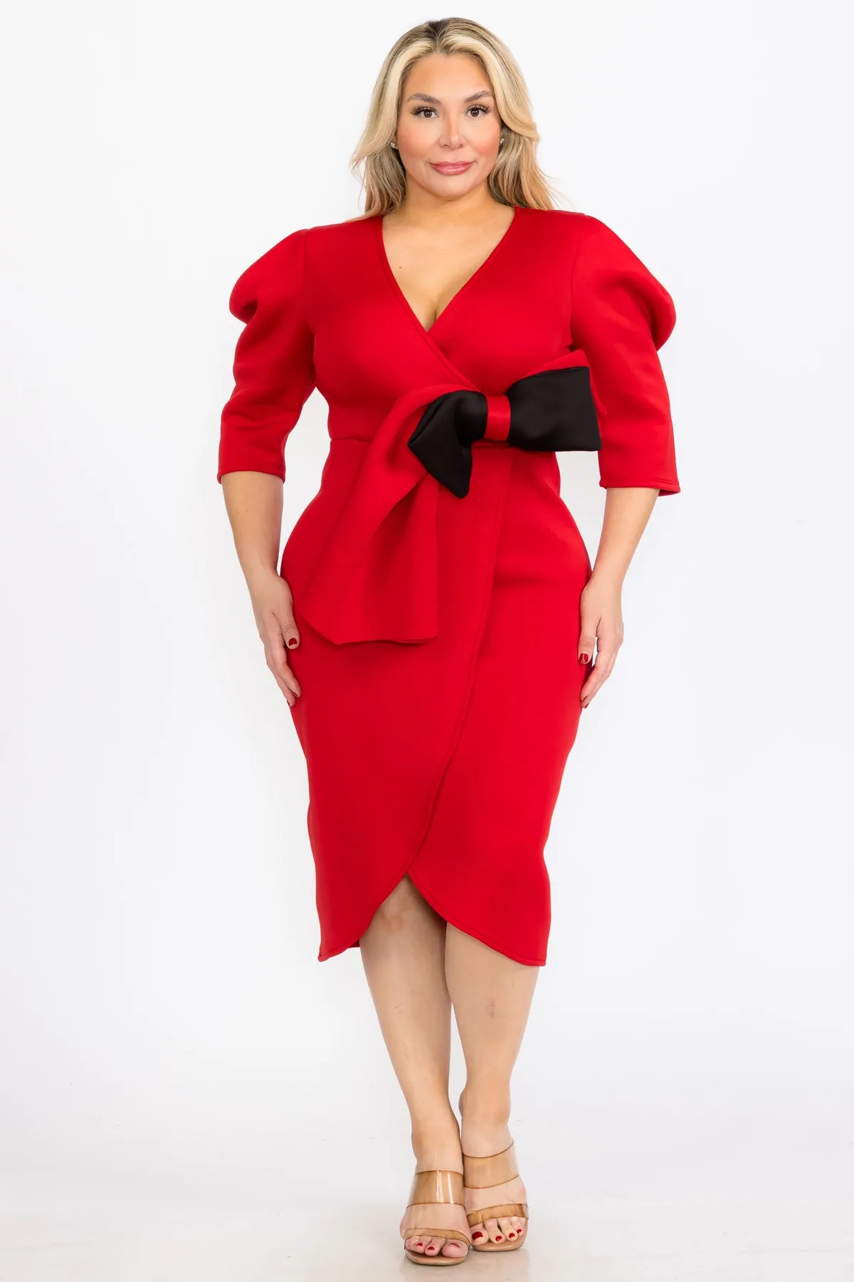 Plus Size Puffy Cap 3/Sleeves Wrap Peplum Midi Dresses with Bow Waist Detail