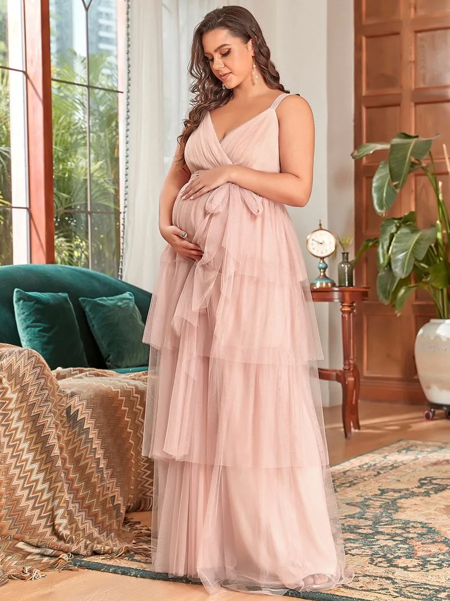 Plus Size Tie Waist V-Neck Tiered Floor-length Maternity Dress