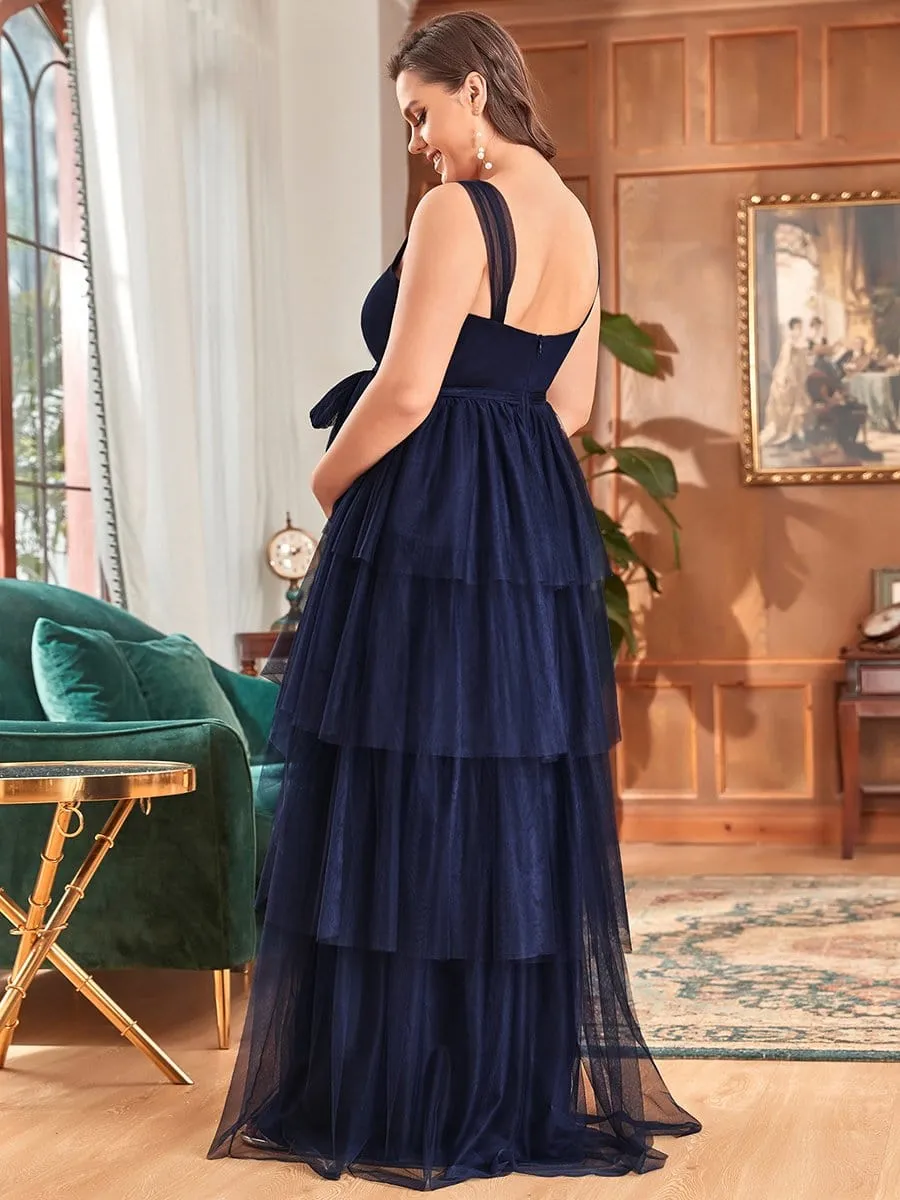 Plus Size Tie Waist V-Neck Tiered Floor-length Maternity Dress