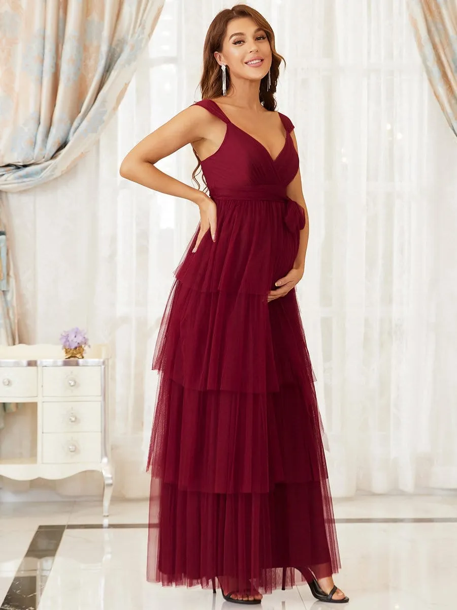 Plus Size Tie Waist V-Neck Tiered Floor-length Maternity Dress