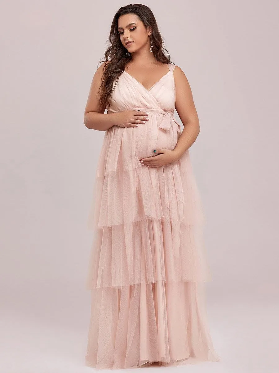 Plus Size Tie Waist V-Neck Tiered Floor-length Maternity Dress