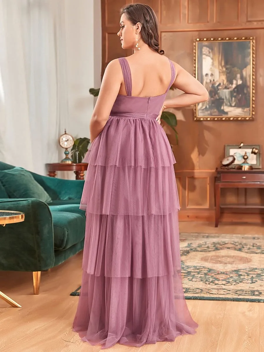 Plus Size Tie Waist V-Neck Tiered Floor-length Maternity Dress