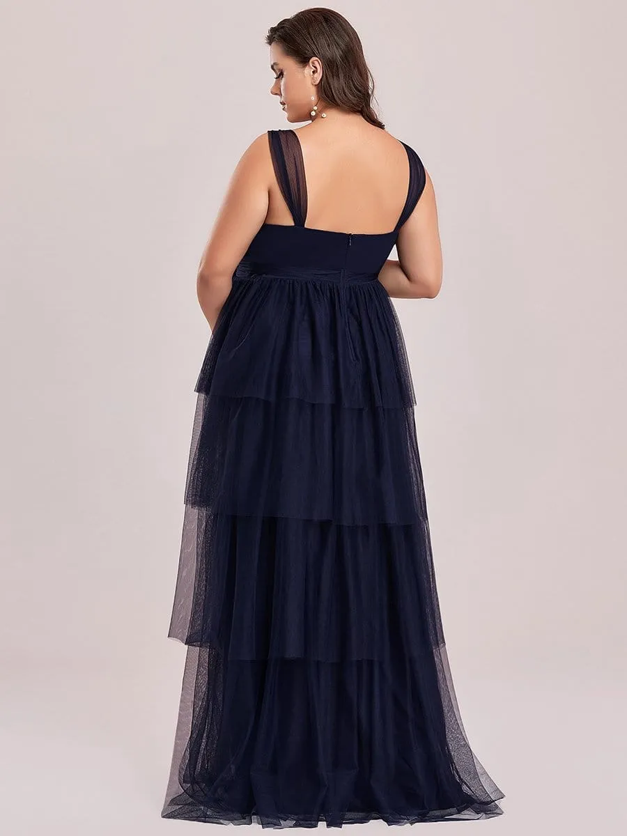 Plus Size Tie Waist V-Neck Tiered Floor-length Maternity Dress