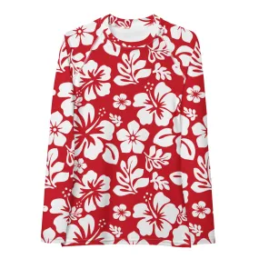 Red and White Hawaiian Flowers Women's Rash Guard