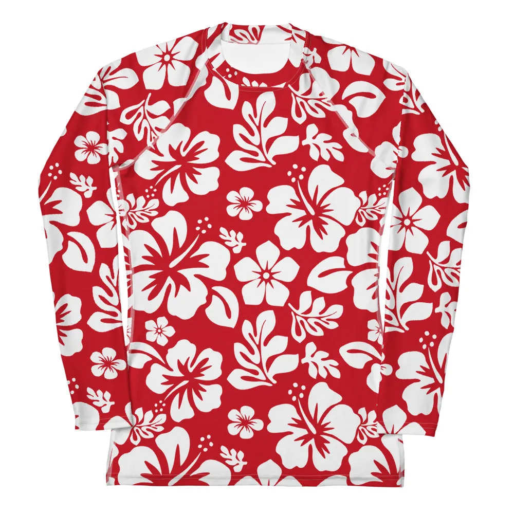 Red and White Hawaiian Flowers Women's Rash Guard