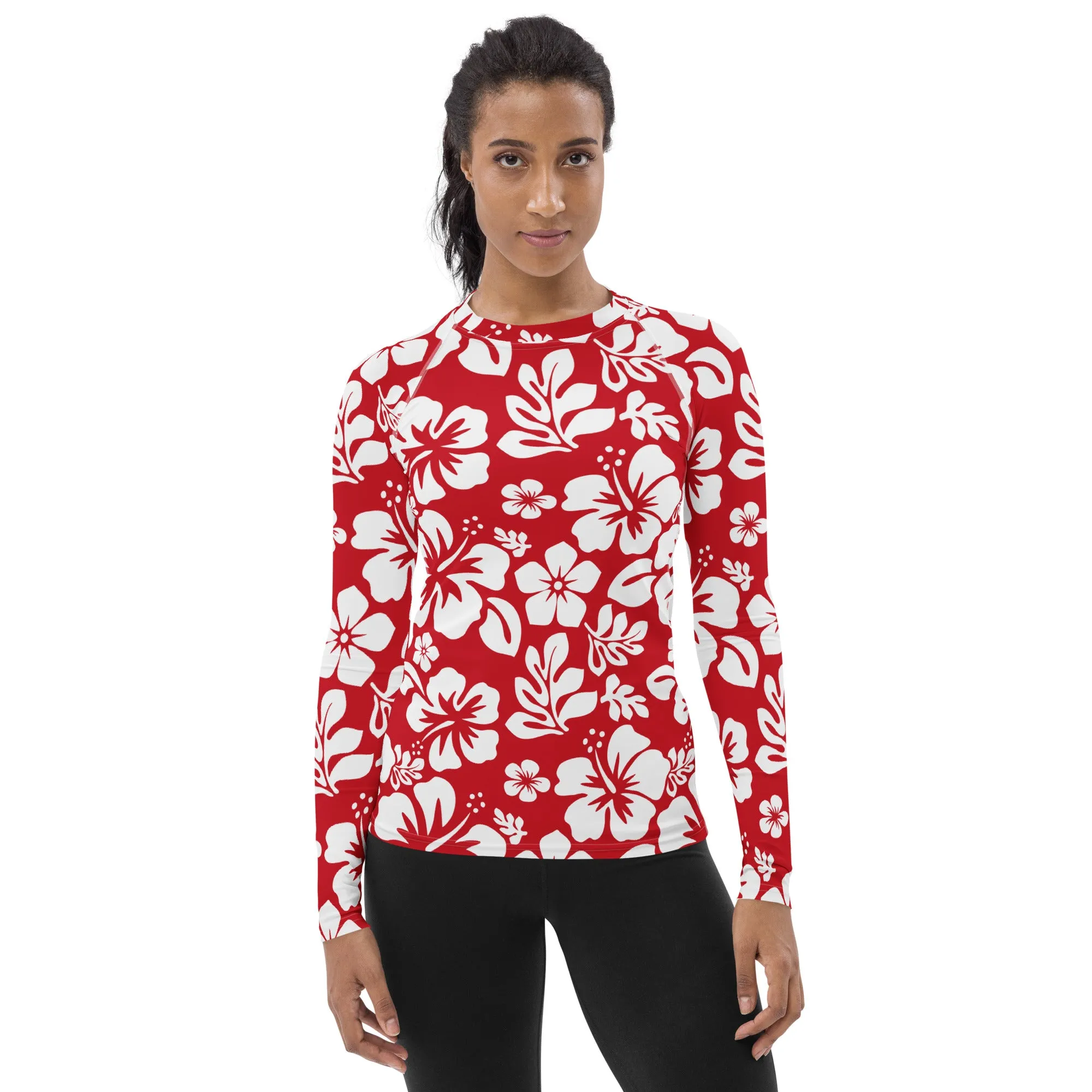 Red and White Hawaiian Flowers Women's Rash Guard