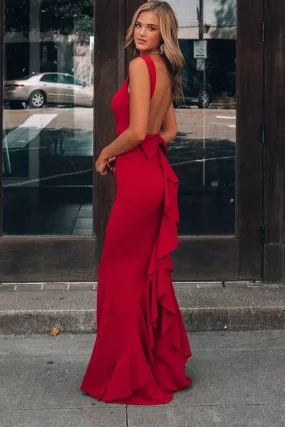 Red Bow Knot Ruffled Backless Sleeveless Gown