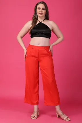 Red Solid Wide Leg Pants