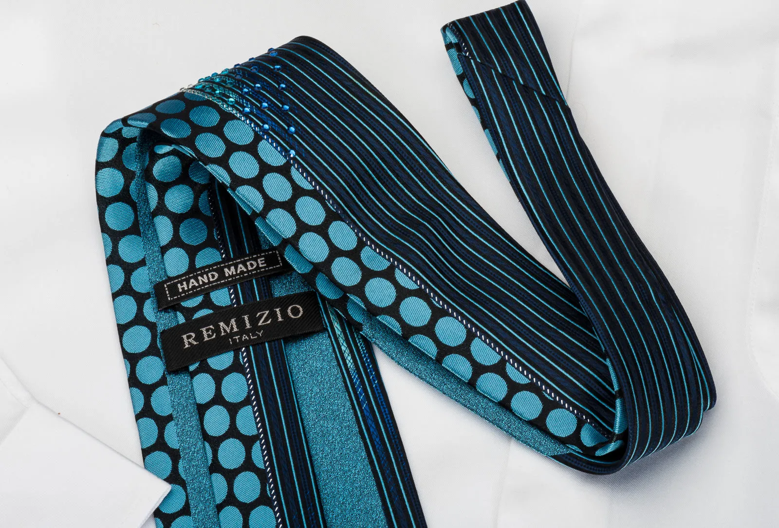 Remizio Rhinestone Silk Necktie Vertical Striped & Dots On Blue With Sparkles