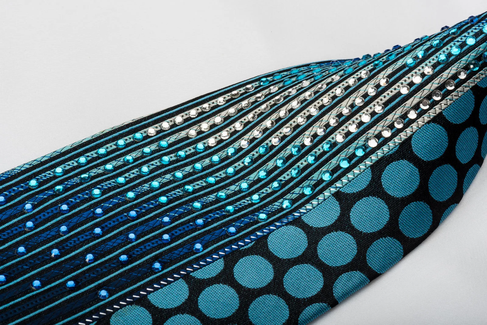 Remizio Rhinestone Silk Necktie Vertical Striped & Dots On Blue With Sparkles