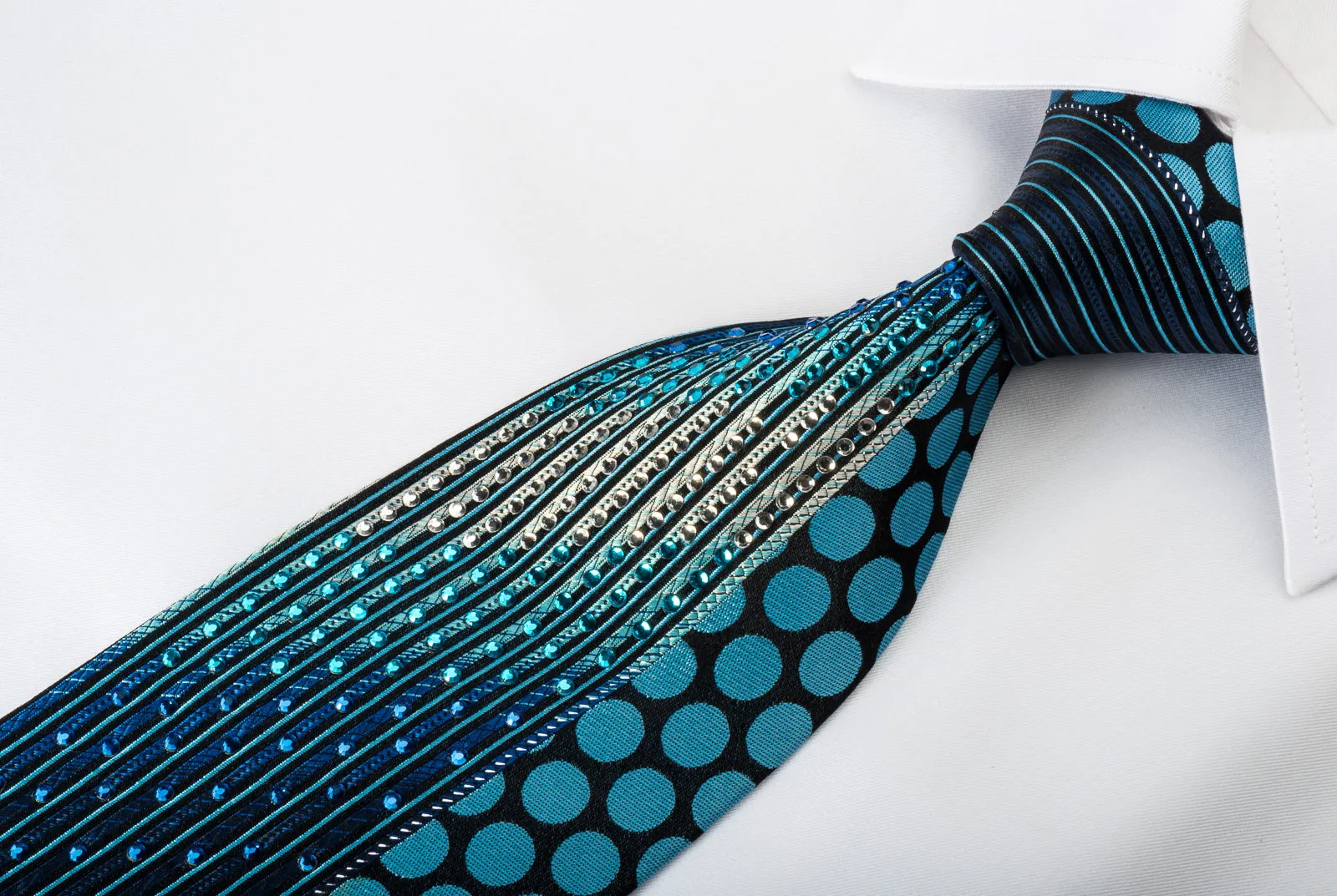 Remizio Rhinestone Silk Necktie Vertical Striped & Dots On Blue With Sparkles