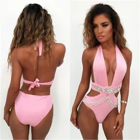 Rhinestone Crystal deep plunge monokini one piece swimsuit