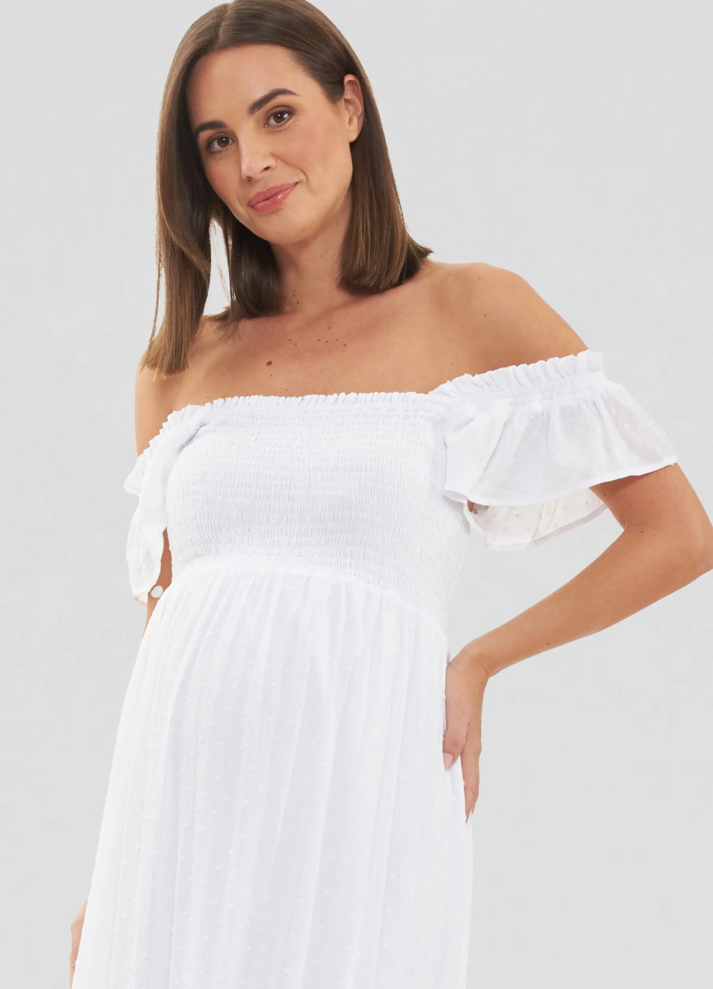 Ripe Maternity White Tiered Eyelet Maternity Midi Dress