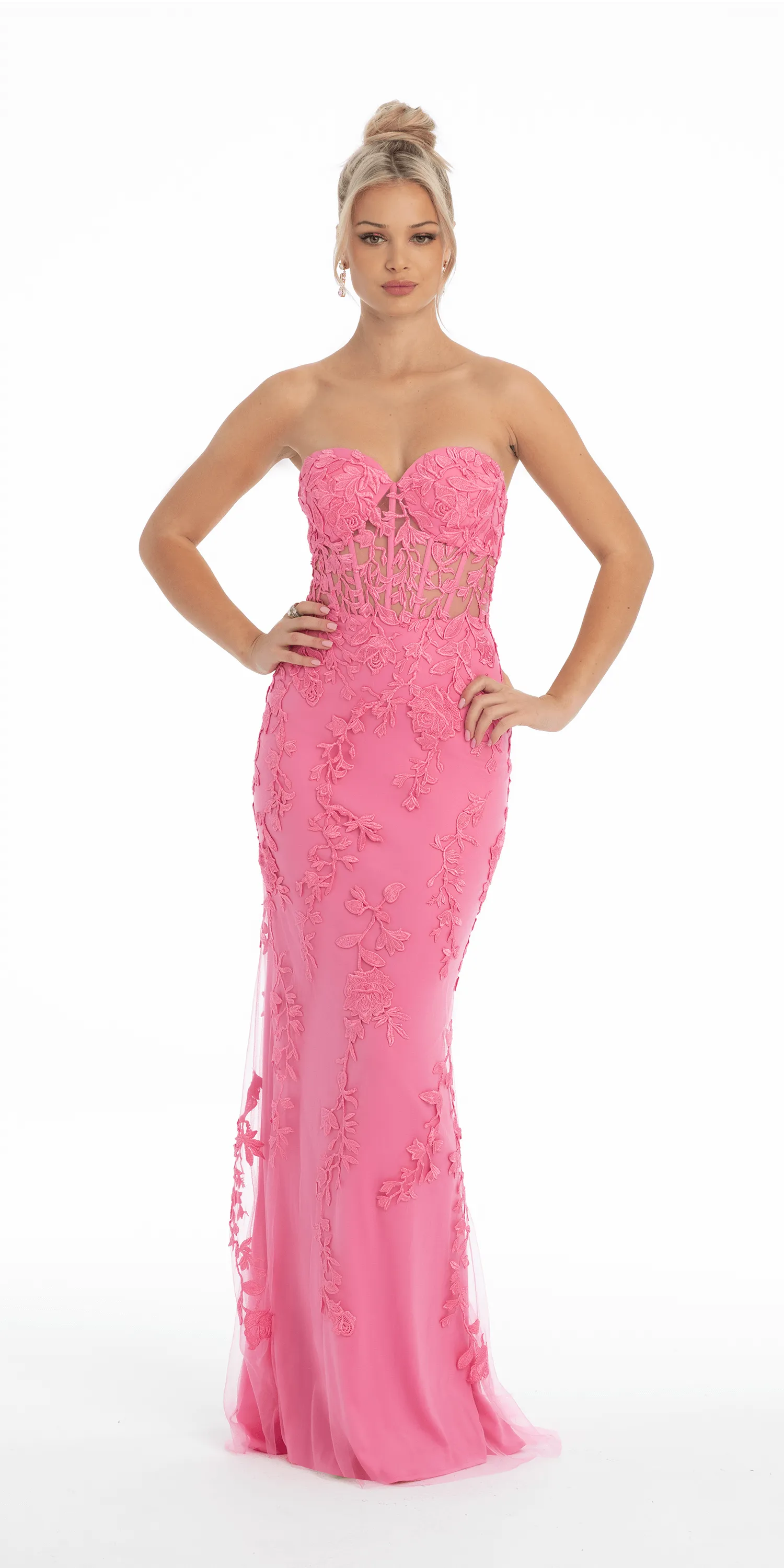 Rose Embroidered Illusion Corset Dress with Sweep Train